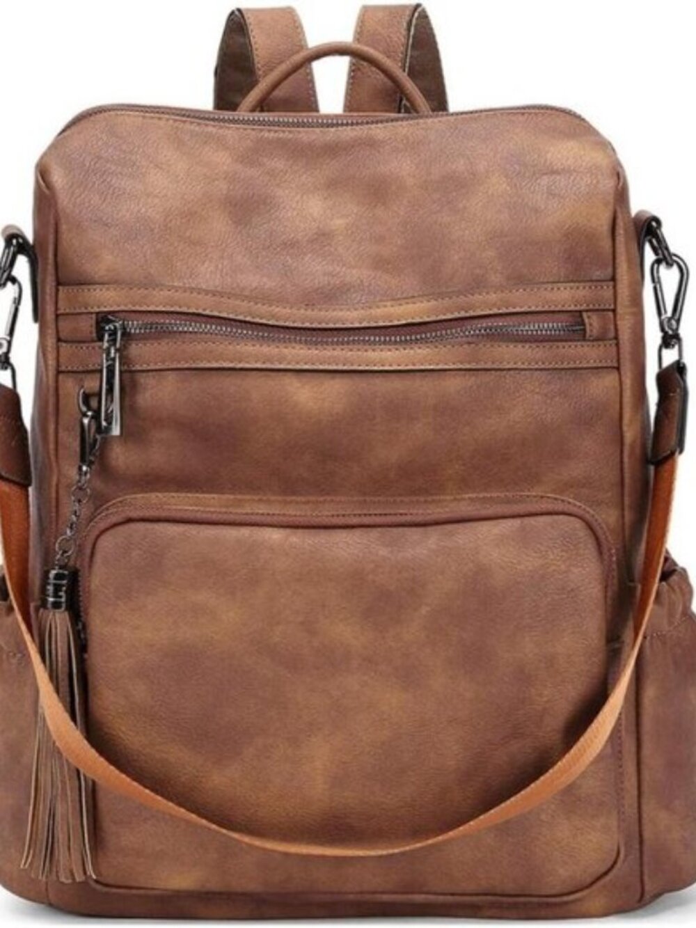 Women's Convertible Two-Tone Brown Leather Backpack Purse Tassel Detail